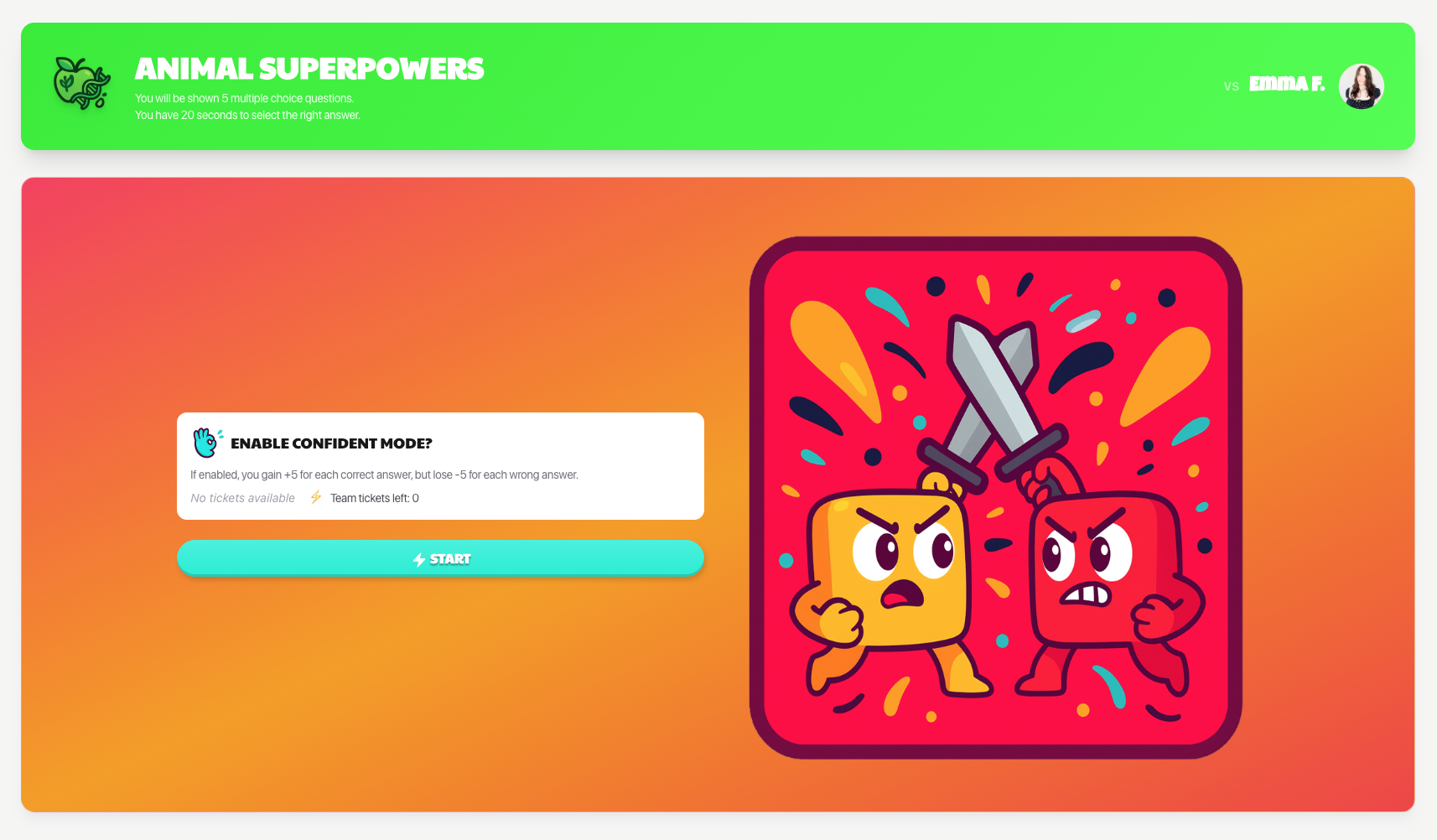 Take Five duel challenge screen with confident mode and mascot battle